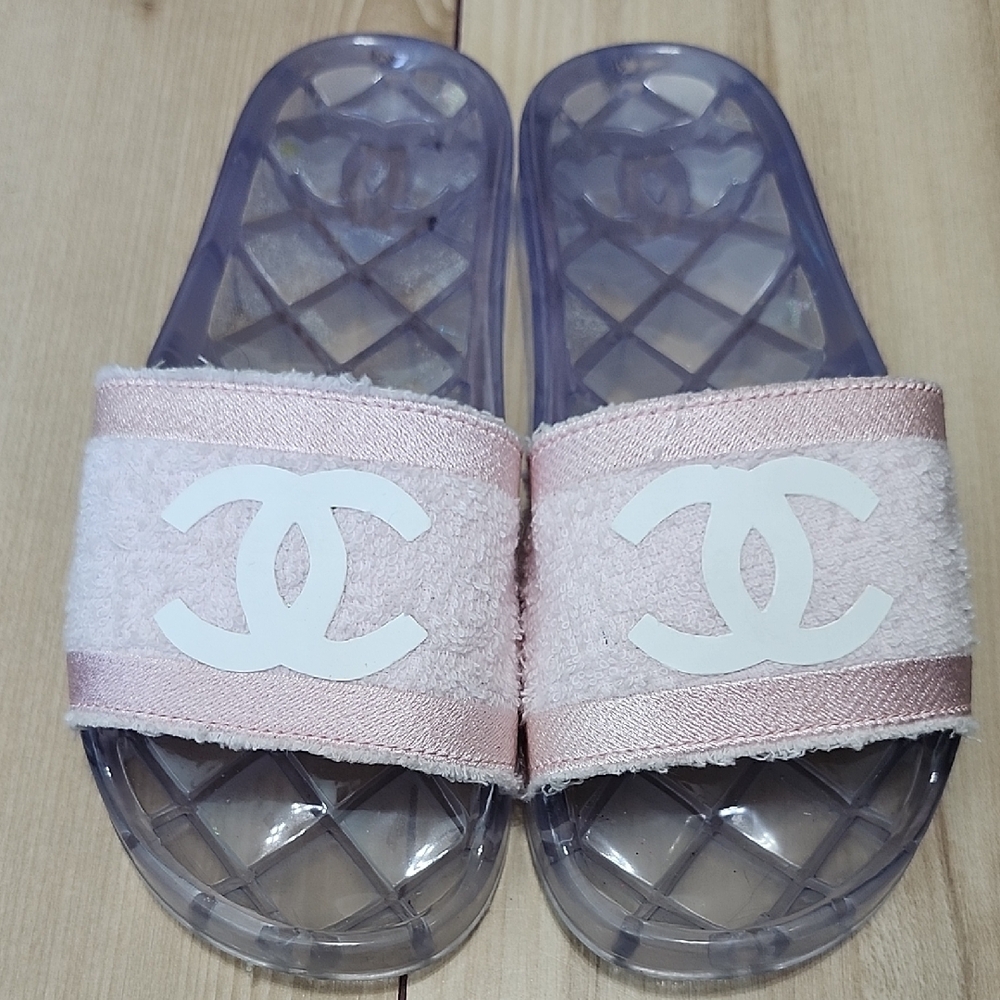 Chanel Pink and White Slide Sandals
